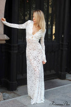 Jacquard Sheer Lace Bodycon Maxi Dress