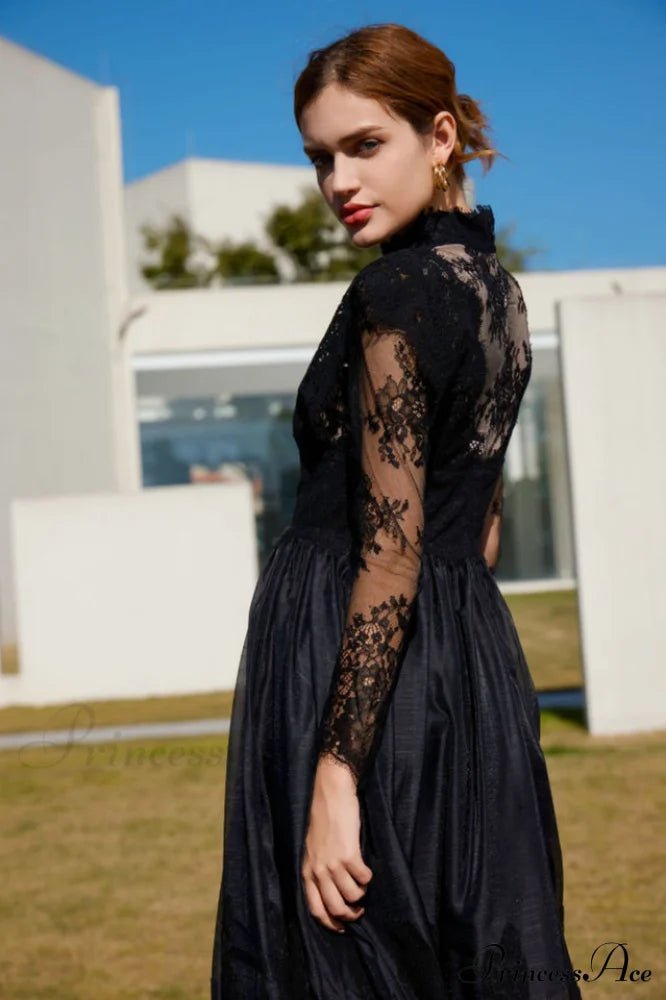 Jamie Black Floral Charming Lace Stitching Dress