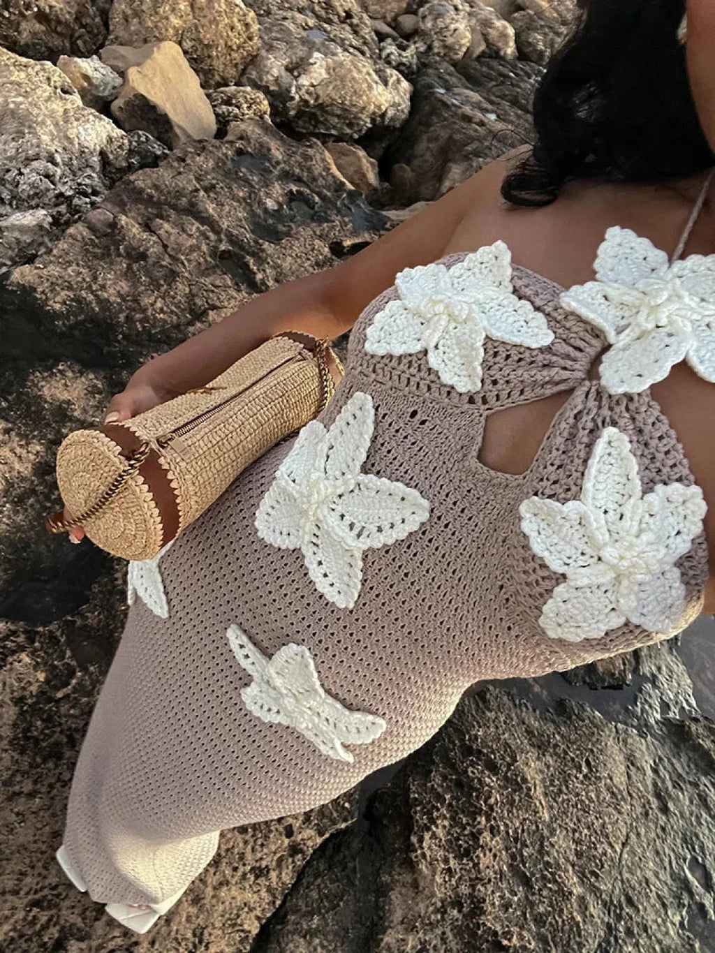 Knit Halter Blue 3D Flowers Vacation Dress