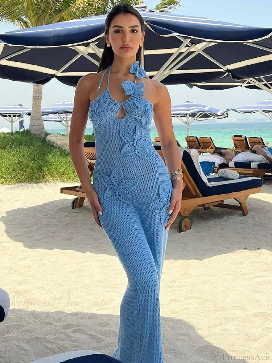 Knit Halter Blue 3D Flowers Vacation Dress