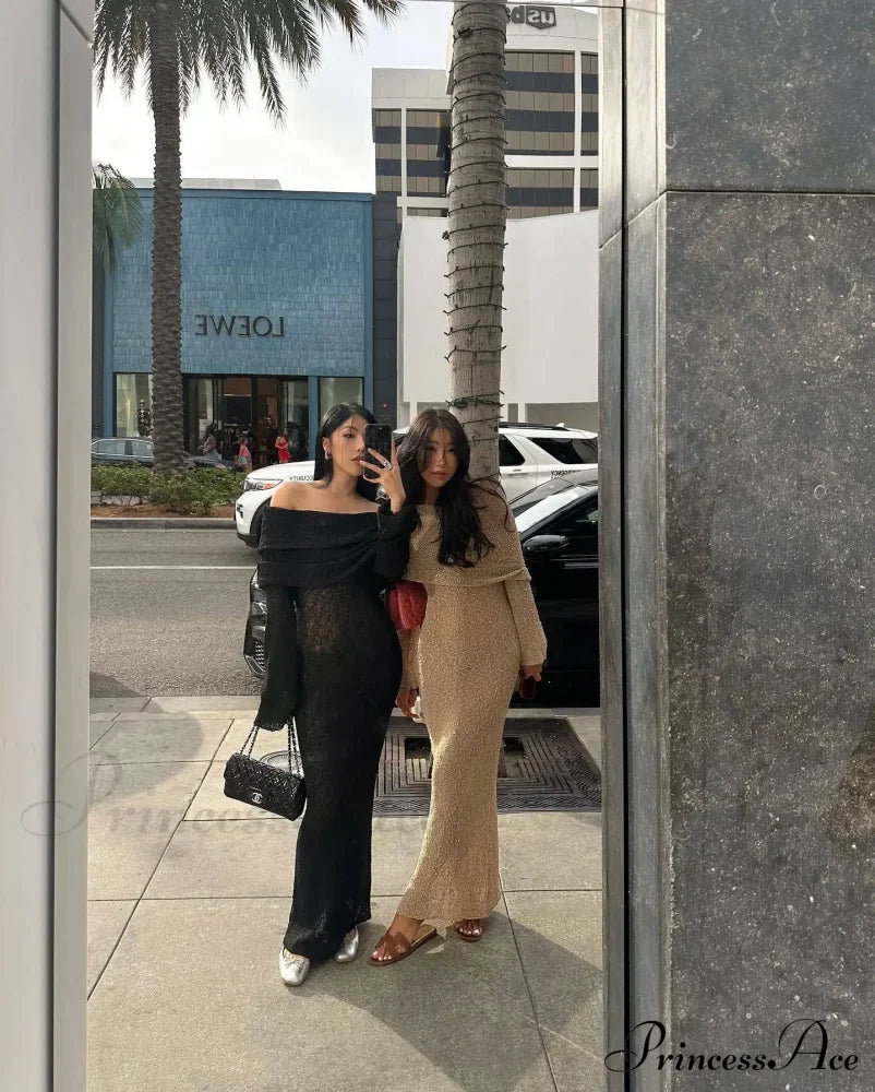 Knit Off-Shoulder Long Sleeve Maxi Dress