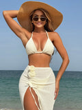 Knitted Bikini With Flower Skirt Three Piece Swimsuit