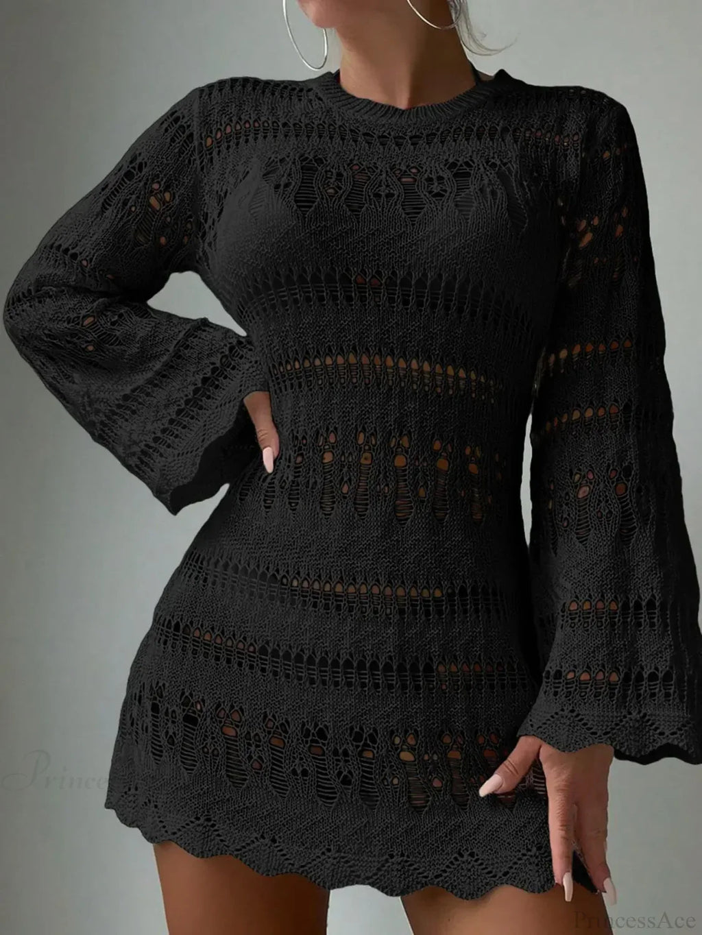 Knitted Hollow Out Backless Beach Mini Boho Dress Cover-Up