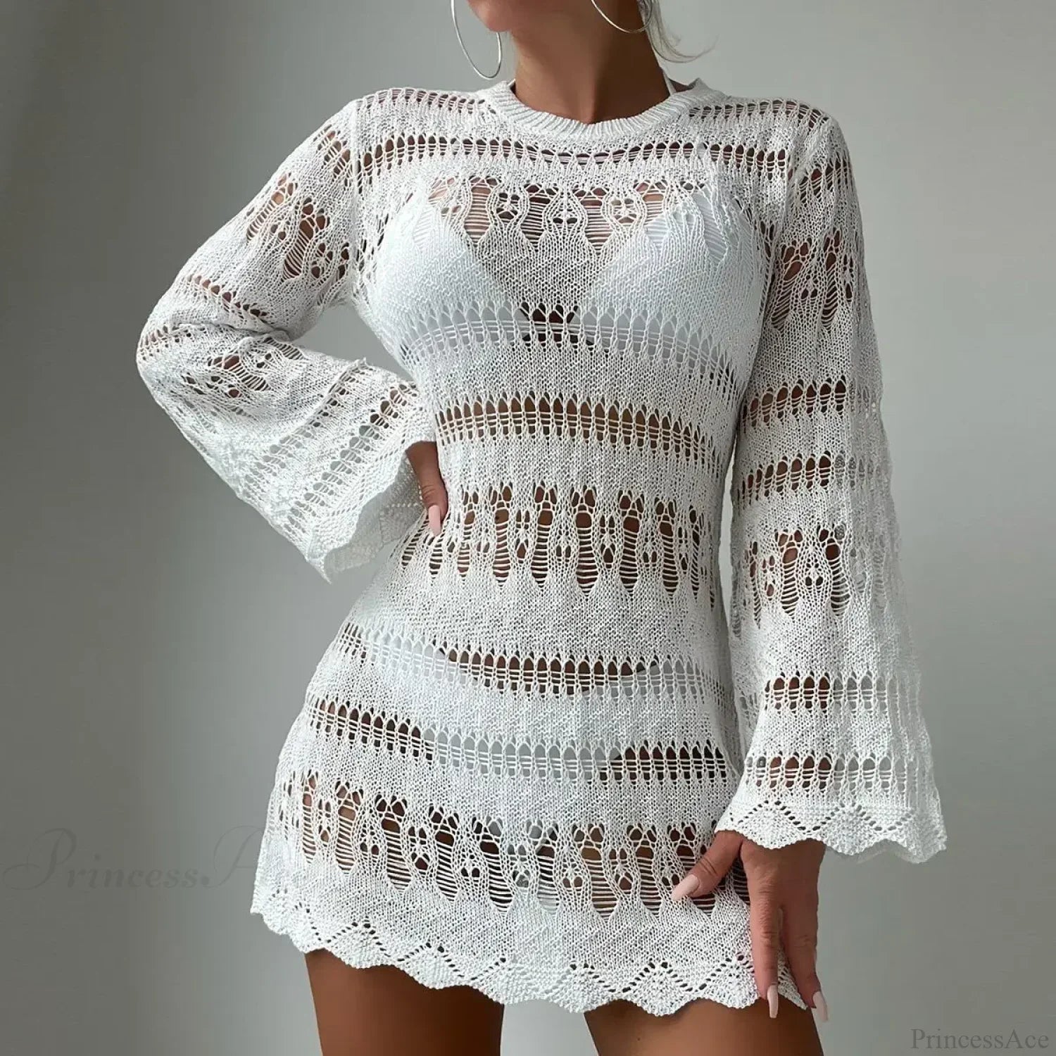 Knitted Hollow Out Backless Beach Mini Boho Dress Cover-Up