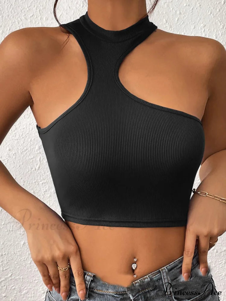 Knitted Neck Cropped Tank Top Asymmetrical Round For Women