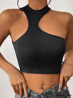 Knitted Neck Cropped Tank Top Asymmetrical Round For Women