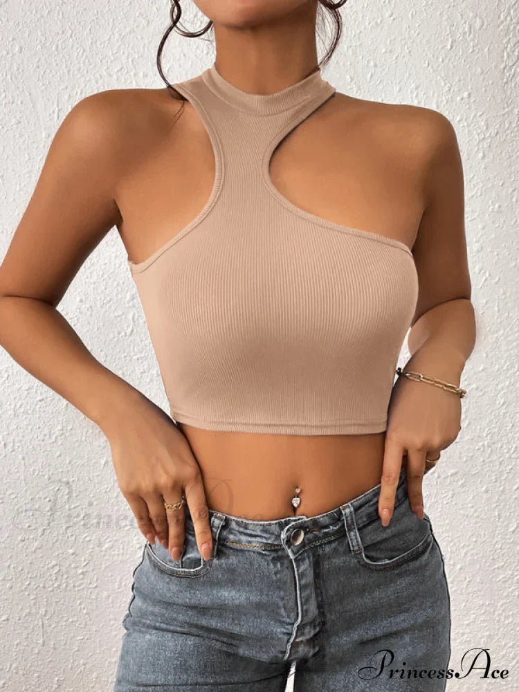 Knitted Neck Cropped Tank Top Asymmetrical Round For Women