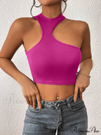 Knitted Neck Cropped Tank Top Asymmetrical Round For Women