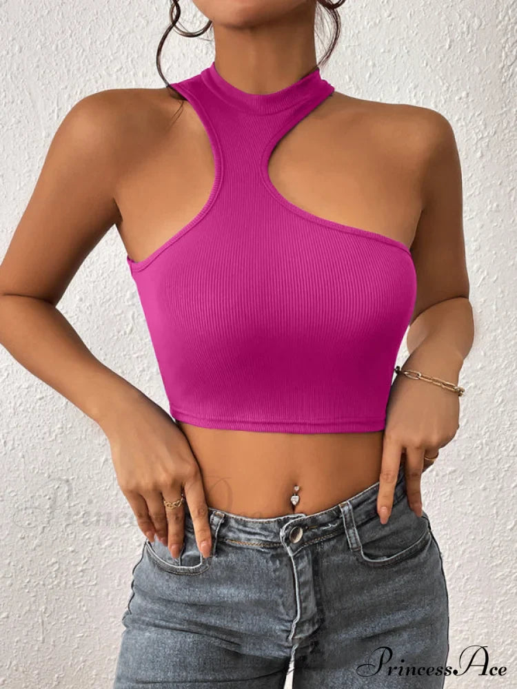 Knitted Neck Cropped Tank Top Asymmetrical Round For Women