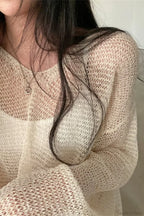 Knitted Openwork Loose Long Sleeve Blouse
