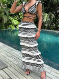 Knitted Ruffles Backless Tie-Up Tank Crop Top With Elastic Waist Skirt Set