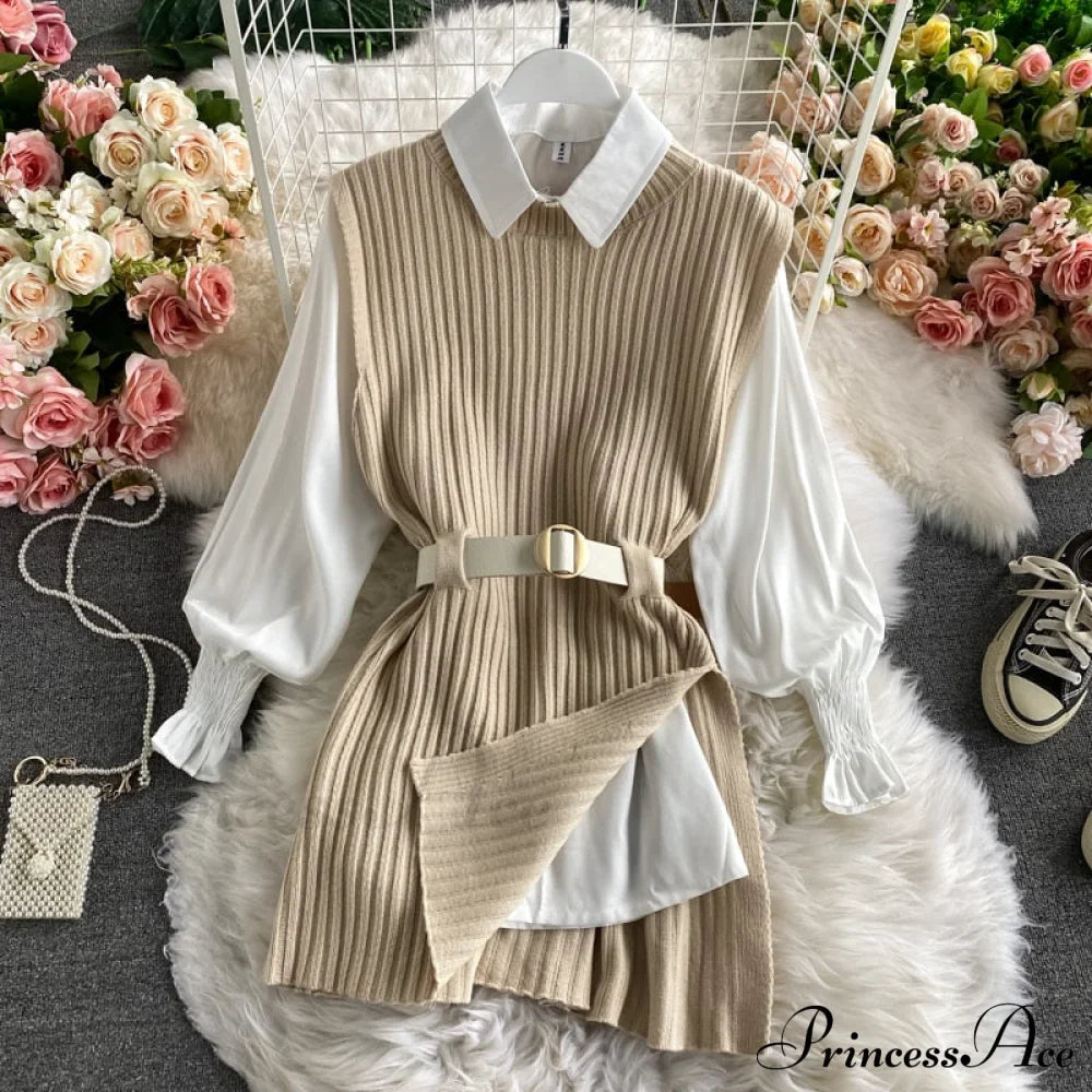 Knitted Set Waistband Style Blouse Top - Lantern College And Vest Arm Uk900
