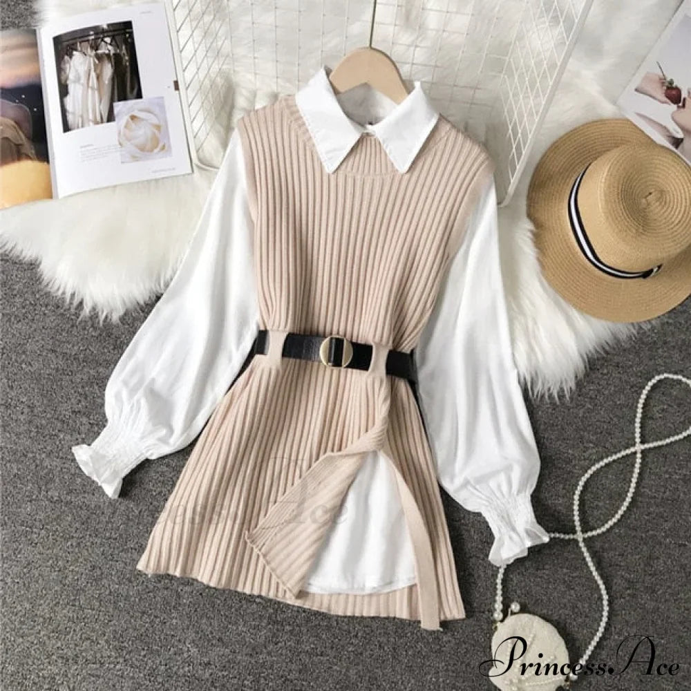 Knitted Set Waistband Style Blouse Top - Lantern College And Vest Arm Uk900