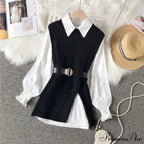 Knitted Set Waistband Style Blouse Top - Lantern College And Vest Arm Uk900