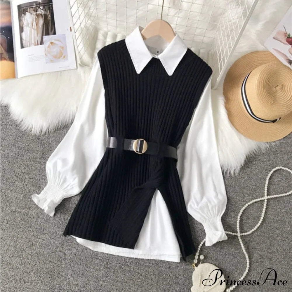 Knitted Set Waistband Style Blouse Top - Lantern College And Vest Arm Uk900