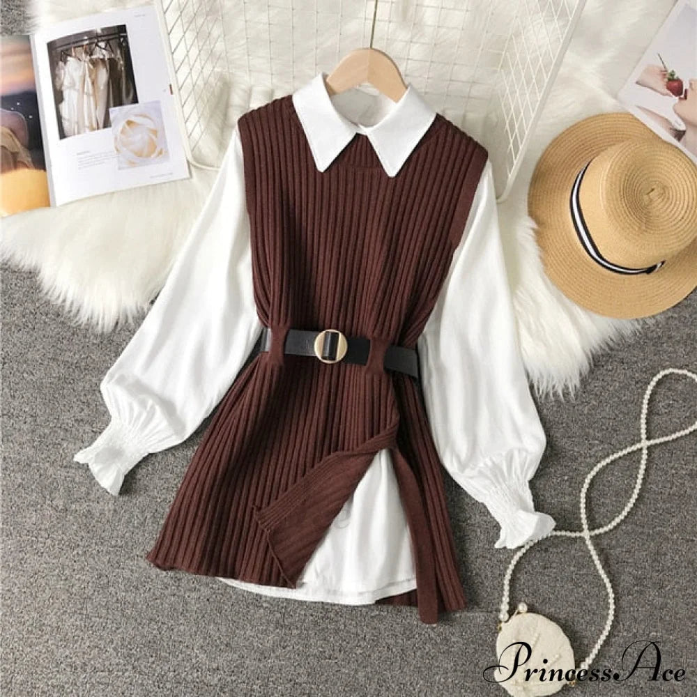 Knitted Set Waistband Style Blouse Top - Lantern College And Vest Arm Uk900