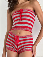 Knitted Striped Off Shoulder Crop Tube Top With Drawstring Shorts Set