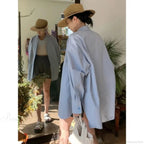 Korean Hip Hop Casual Blue Blouse Women