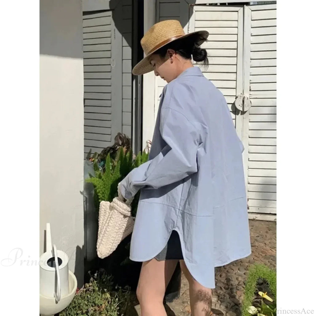 Korean Hip Hop Casual Blue Blouse Women