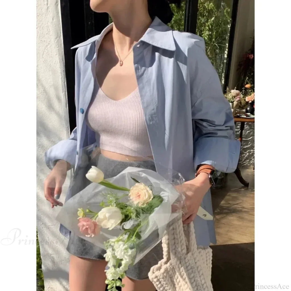 Korean Hip Hop Casual Blue Blouse Women