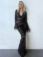 Lace Deep V Neck Flared Sleeve Vacation Dress