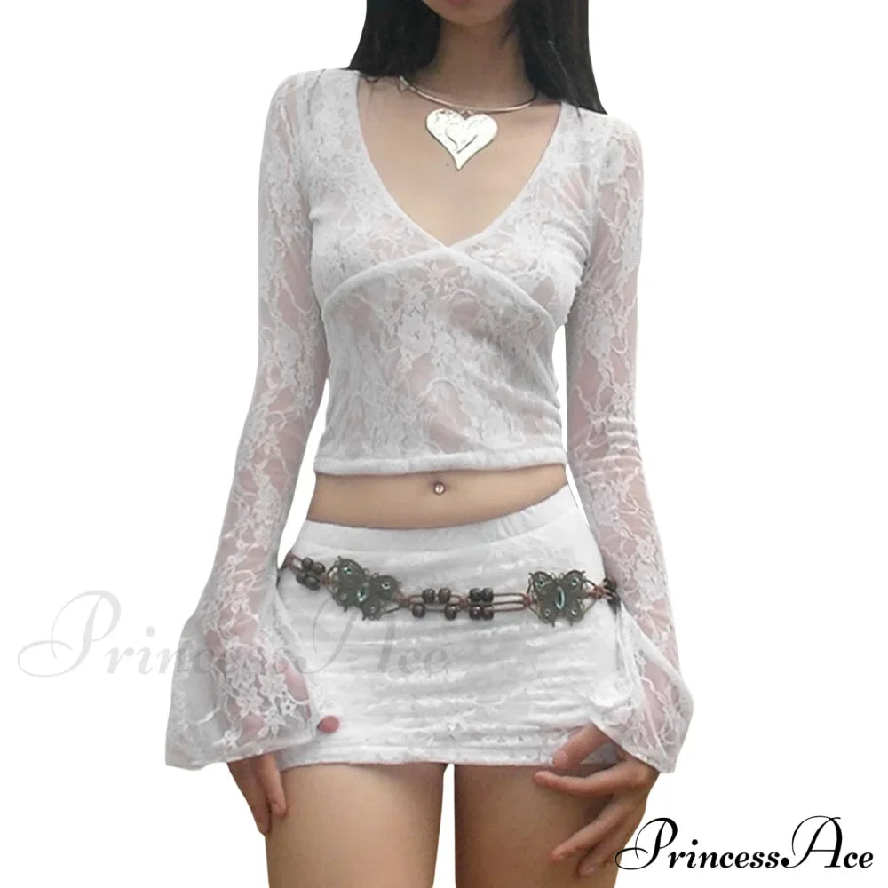 Lace Fairy Grunge V-Neck See-Through Slim Fit Stylish Elegant Trendy Classic Crop Top