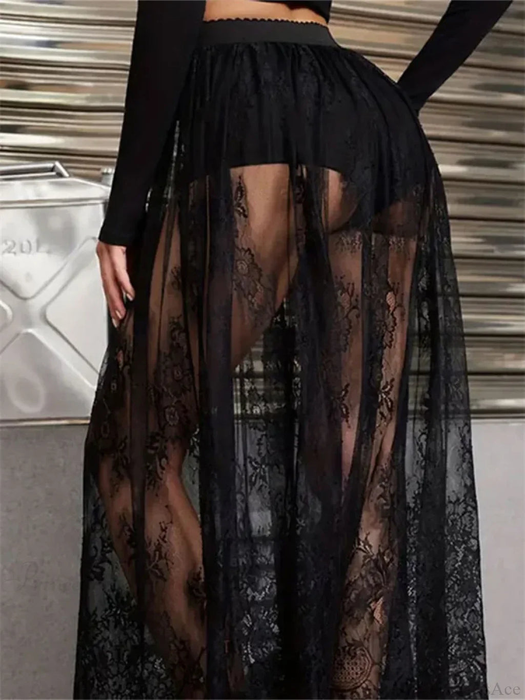 Lace Floral Long Maxi Skirt Solid Mesh Built-In Shorts