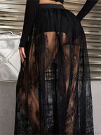 Lace Floral Long Maxi Skirt Solid Mesh Built-In Shorts