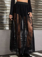 Lace Floral Long Maxi Skirt Solid Mesh Built-In Shorts