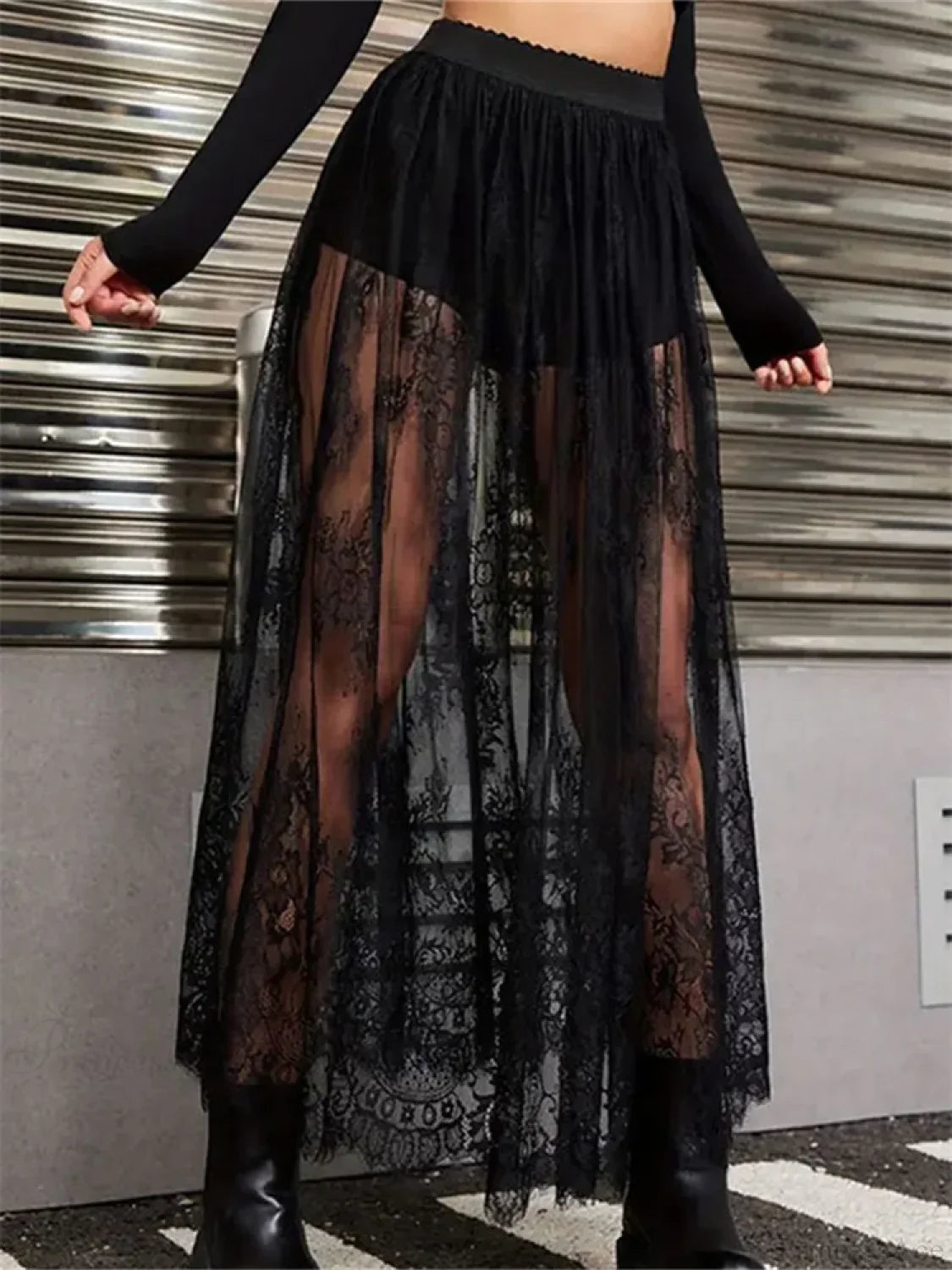 Lace Floral Long Maxi Skirt Solid Mesh Built-In Shorts
