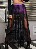 Lace Floral Long Maxi Skirt Solid Mesh Built-In Shorts
