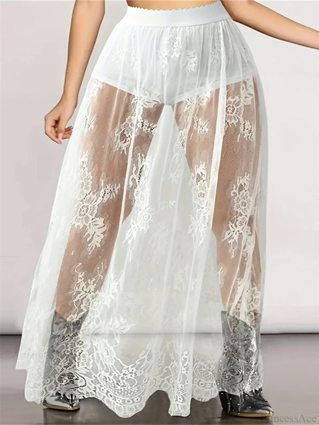 Lace Floral Long Maxi Skirt Solid Mesh Built-In Shorts