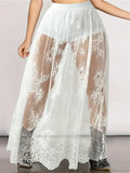 Lace Floral Long Maxi Skirt Solid Mesh Built-In Shorts
