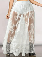 Lace Floral Long Maxi Skirt Solid Mesh Built-In Shorts