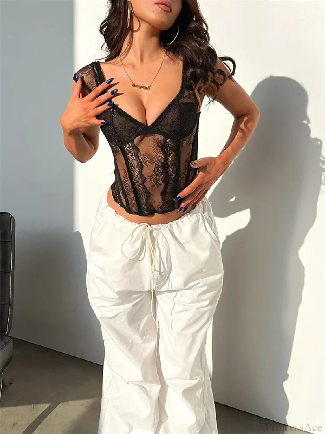 Lace Mesh Sheer Sleeveless V-Neck Crop Top