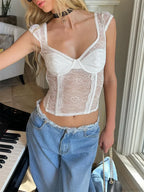Lace Mesh Sheer Sleeveless V-Neck Crop Top