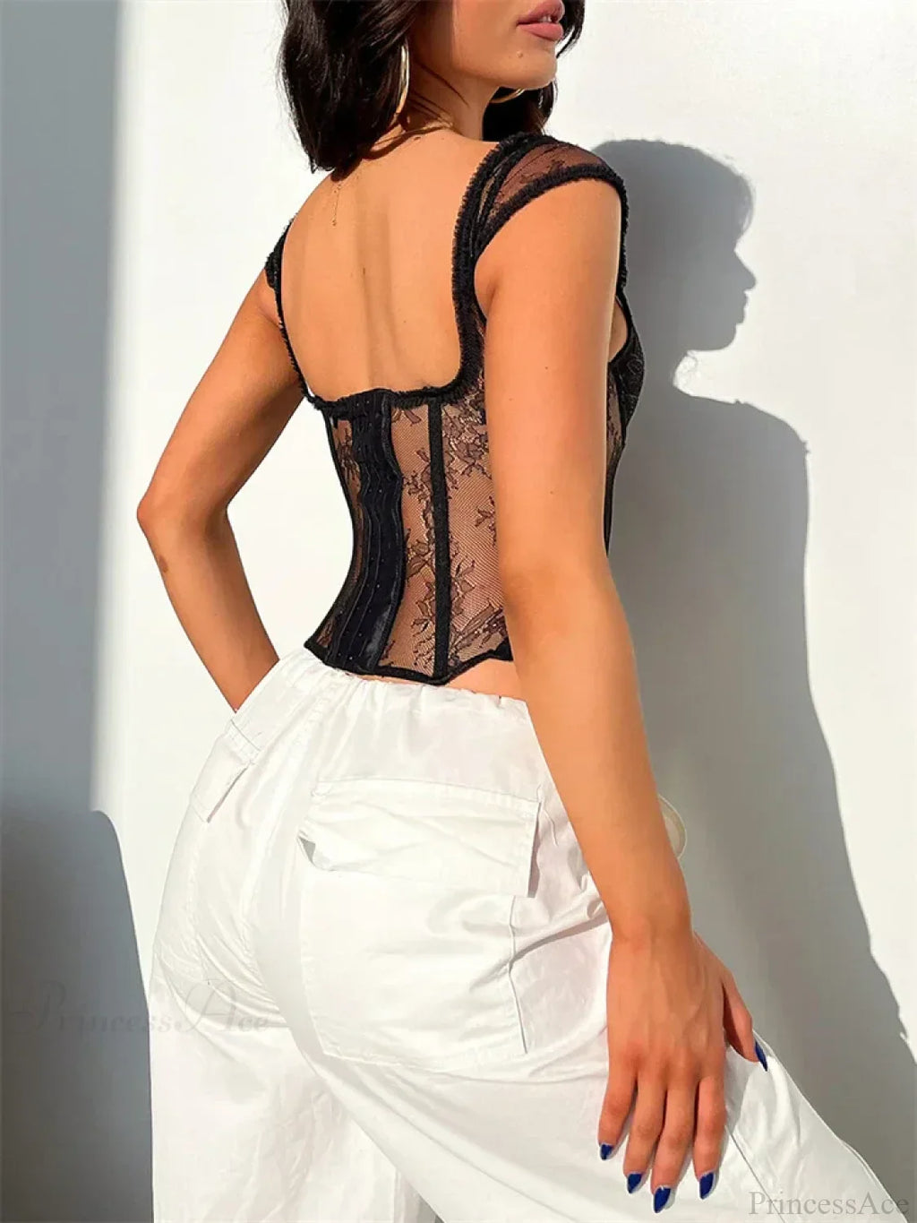 Lace Mesh Sheer Sleeveless V-Neck Crop Top