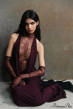 Lace Panel Halterneck Deep V Ruched Party Dress