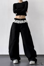 Lace Panel High Waist Wide Leg Jeans