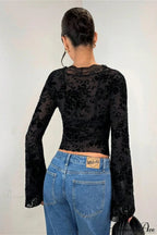 Lace Panel Leopard Slim Flared Sleeve Long Tee