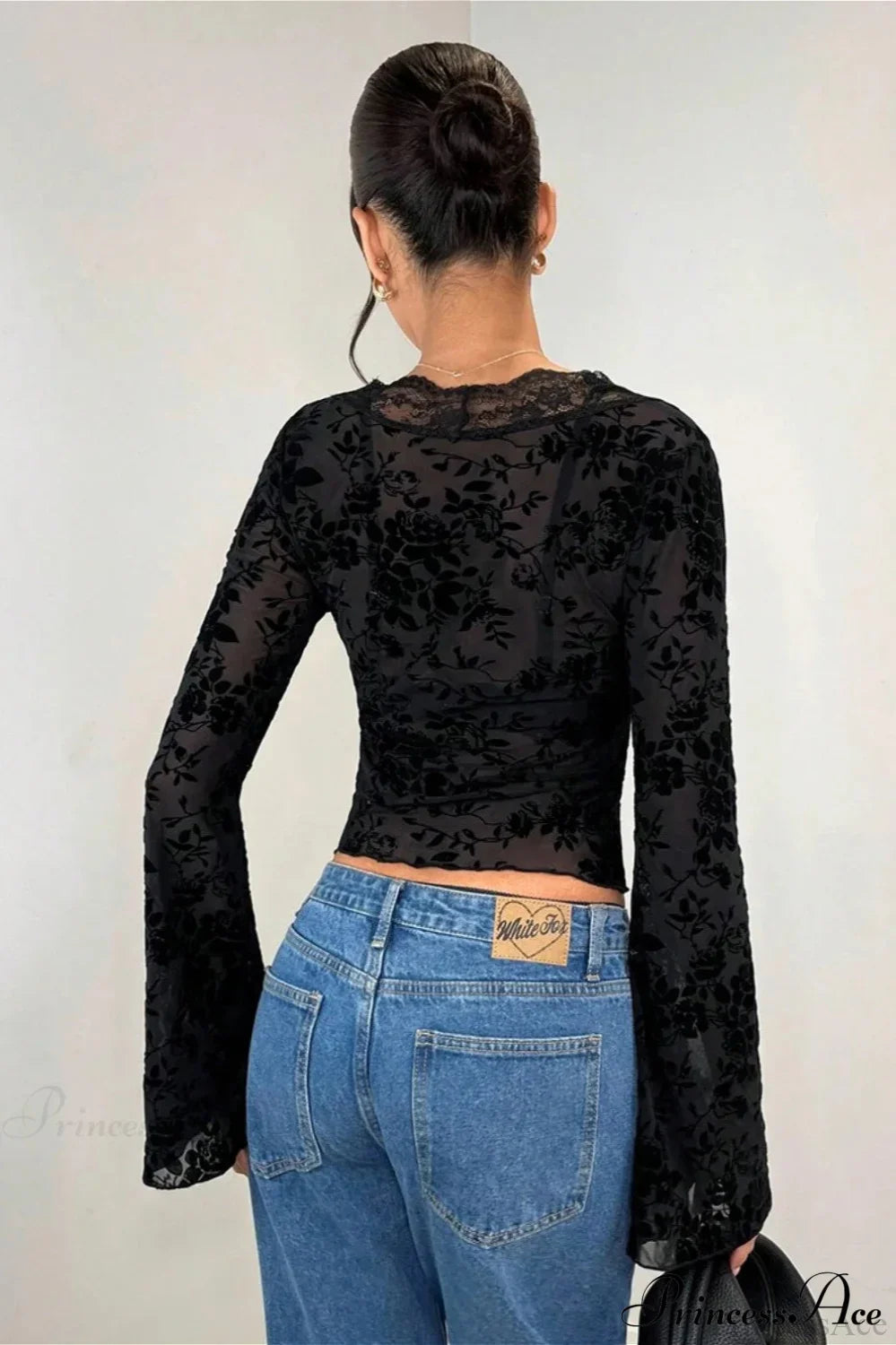 Lace Panel Leopard Slim Flared Sleeve Long Tee
