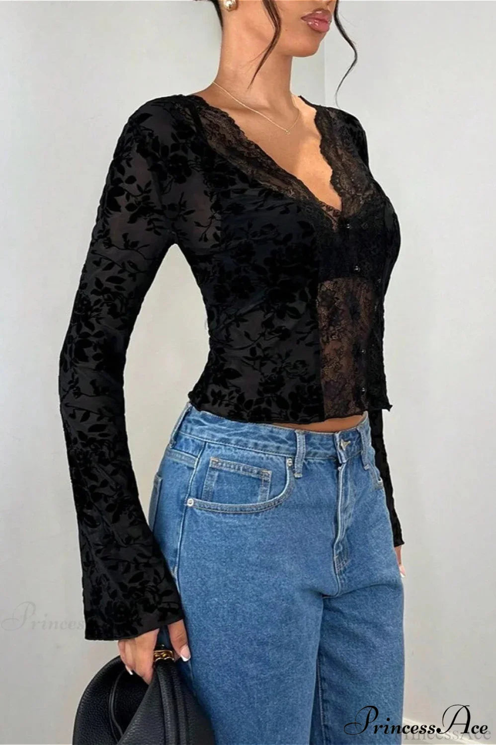 Lace Panel Leopard Slim Flared Sleeve Long Tee