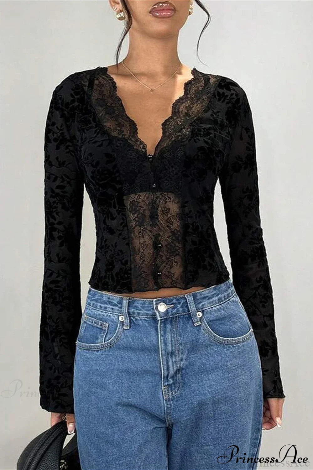 Lace Panel Leopard Slim Flared Sleeve Long Tee