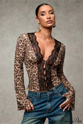 Lace Panel Leopard Slim Flared Sleeve Long Tee