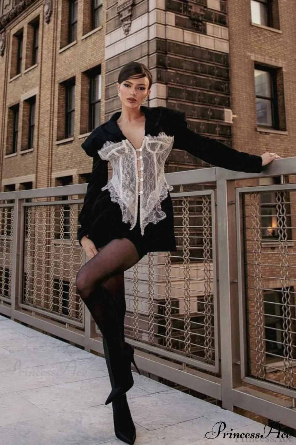 Lace Panel Fitted Shoulder Blazer