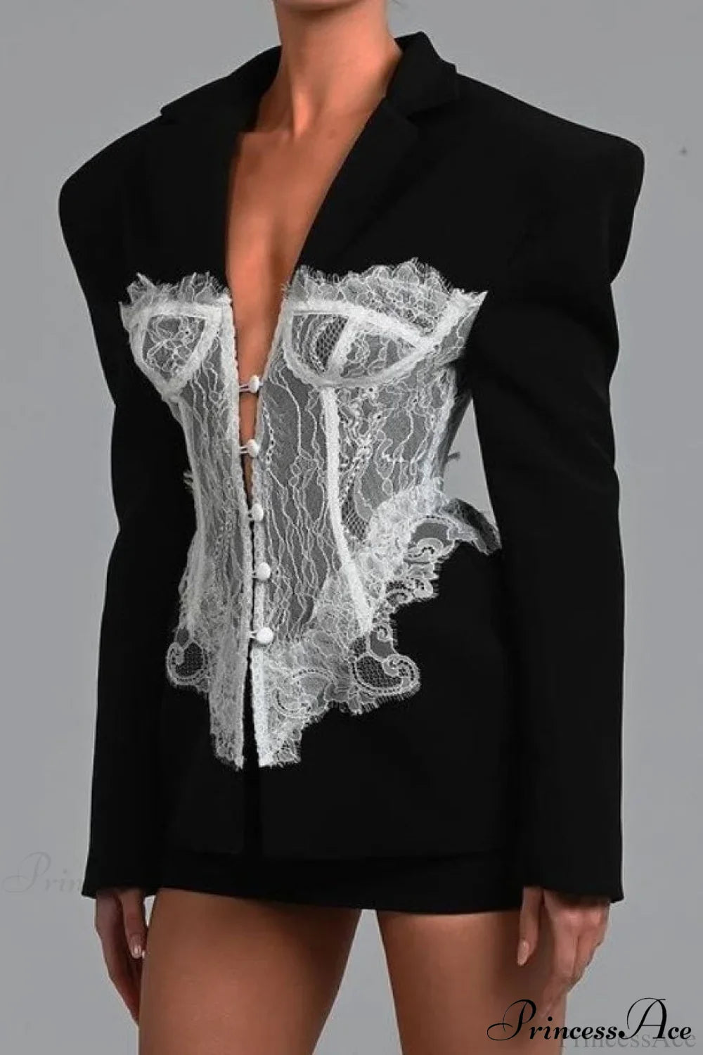 Lace Panel Fitted Shoulder Blazer
