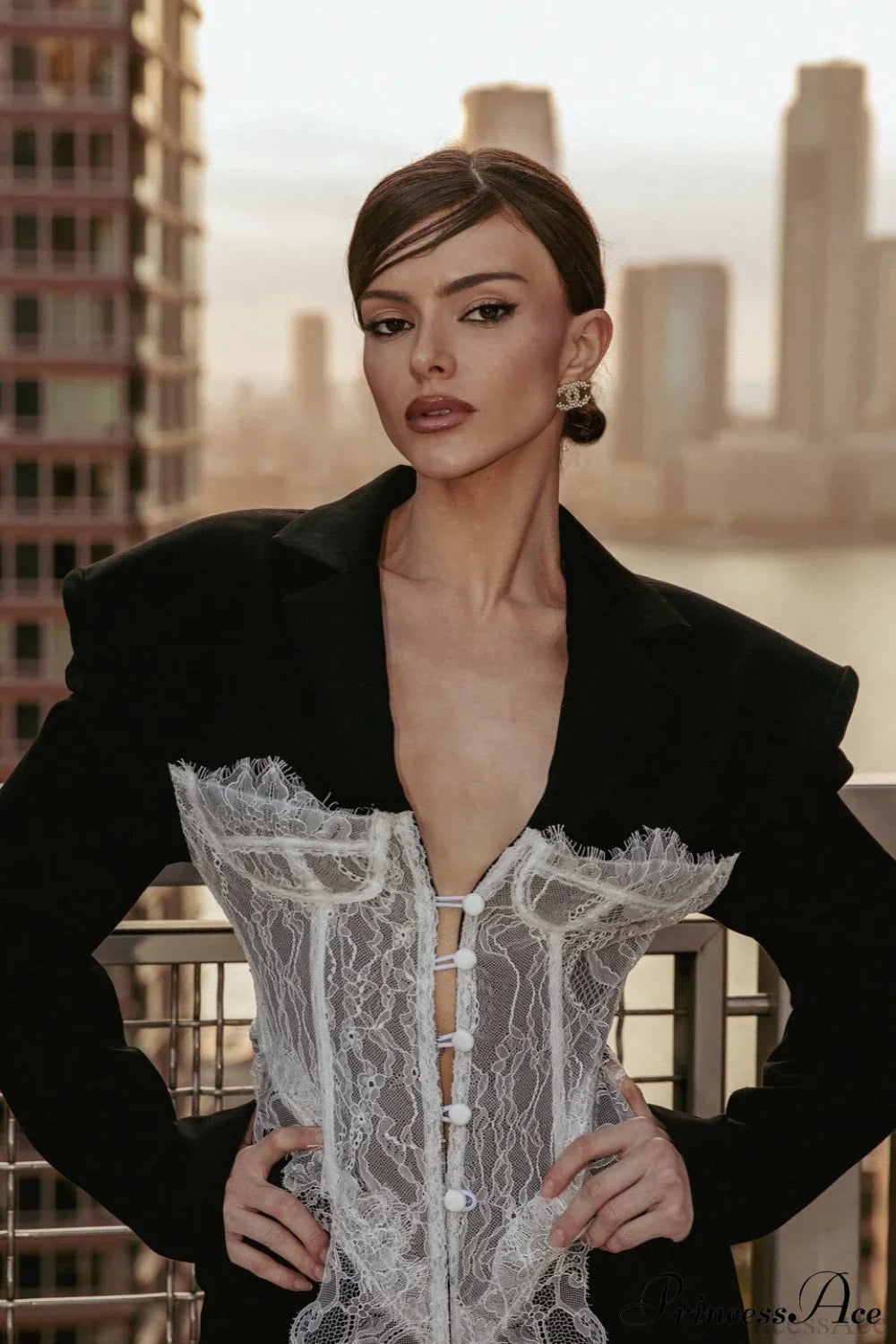 Lace Panel Fitted Shoulder Blazer