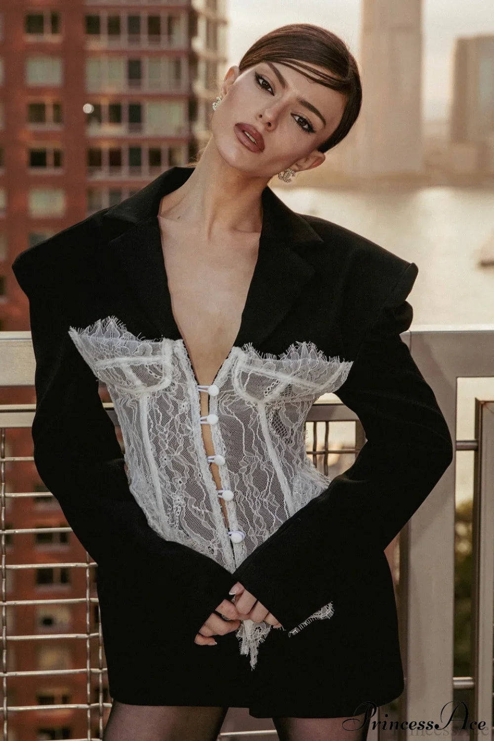 Lace Panel Fitted Shoulder Blazer
