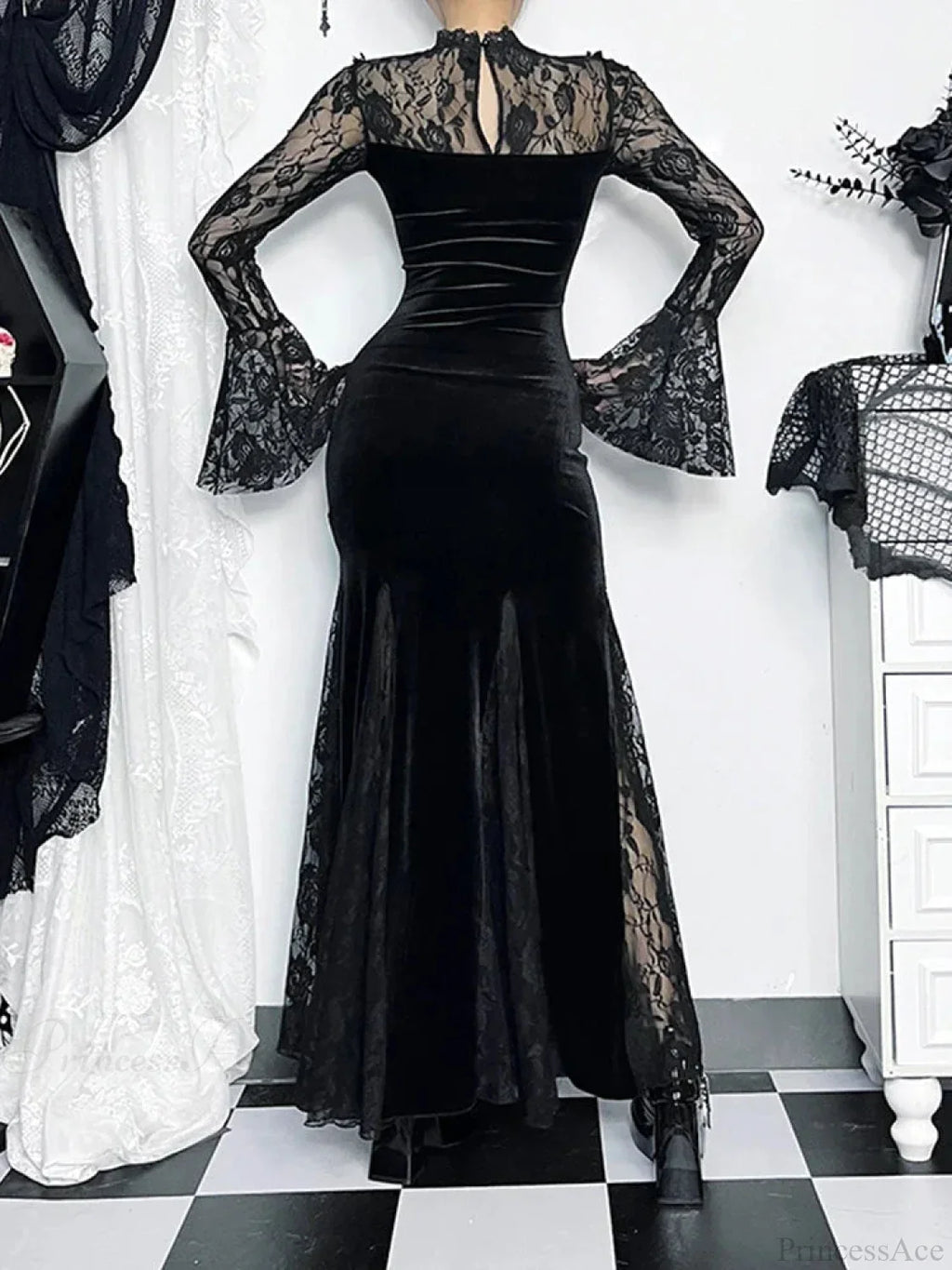 Lace Patchwork Flare Sleeve Maxi Dress