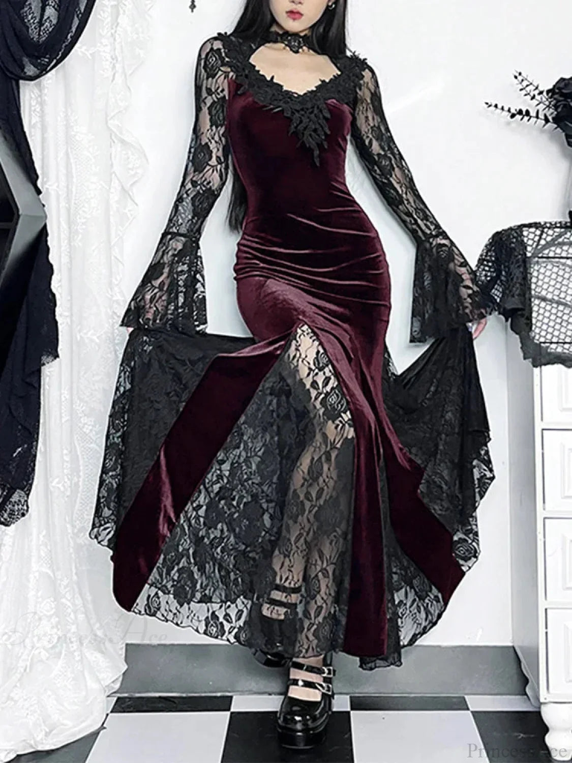 Lace Patchwork Flare Sleeve Maxi Dress